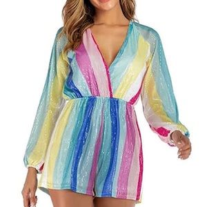 Lover inspired for Tay Swift - VNeck Lantern Sleeve rainbow Stripe Sequin Romper